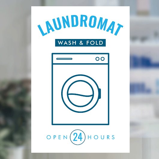Laundromat 24/7 Wash and Fold Service Blue & White Fensteraufkleber