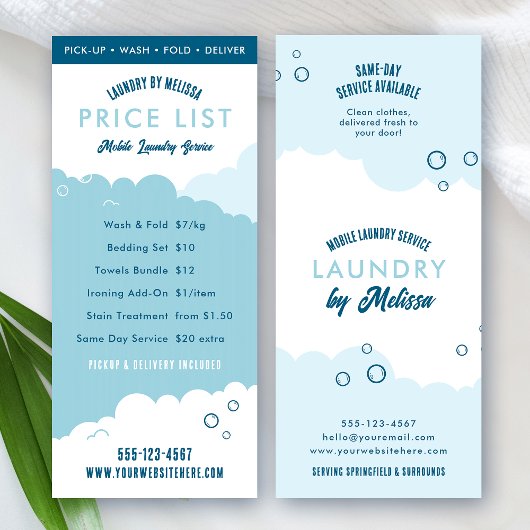 Laundry Service Dry Cleaner Price List Blue White Werbekarte