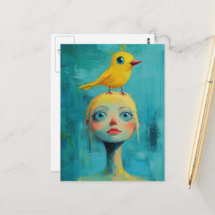 Laune mit dem gelben Vogel auf ihrem Kopf Postkarte