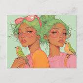 Launen Mädchen mit Vögeln Postkarte (Vorderseite)