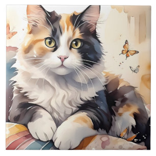 Launenhafte Aquarell-Kaliko-Katze und Schmetterlin Fliese