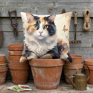 Launenhafte Aquarell-Kaliko-Katze und Schmetterlin Kissen