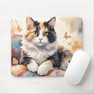 Launenhafte Aquarell-Kaliko-Katze und Schmetterlin Mousepad