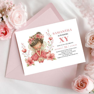 Launenhafte Feen-Mädchen 4. Geburtstag - Rosa Einl Einladung