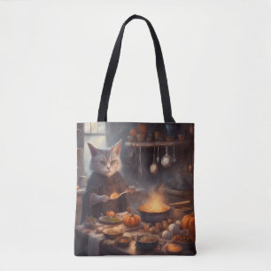 Launenhafte Hexenkatze kocht Halloween-Abendessen Tasche