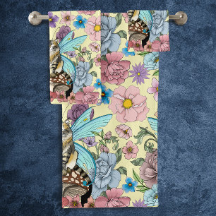 Launenhafte Pastell-Tabby-Fee-Katze Florale Fantas Badhandtuch Set