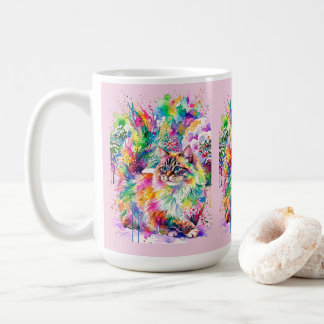 Launenhafte Regenbogen-Wasserfarbe Fluffige Katze  Kaffeetasse
