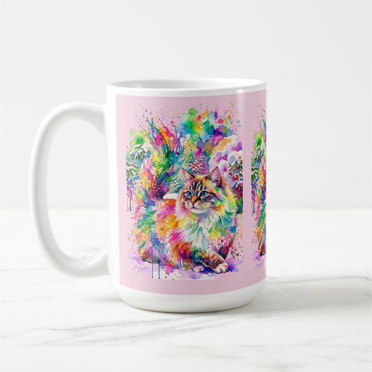 Launenhafte Regenbogen-Wasserfarben-Fluschkatze im Kaffeetasse (Links)