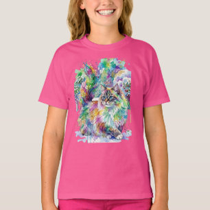 Launenhafte Regenbogen-Wasserfarben-Fluschkatze im T-Shirt