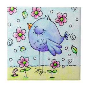 Launenhafter blauer Vogel und Blumen Fliese