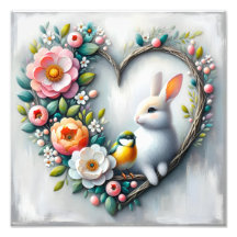 Launenhafter Hase und Vogel Florales Herz