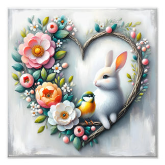 Launenhafter Hase und Vogel Florales Herz Fotodruck