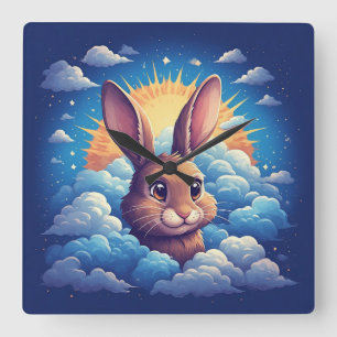 Launenhafter Osterhase, umgeben von Wolken Quadratische Wanduhr