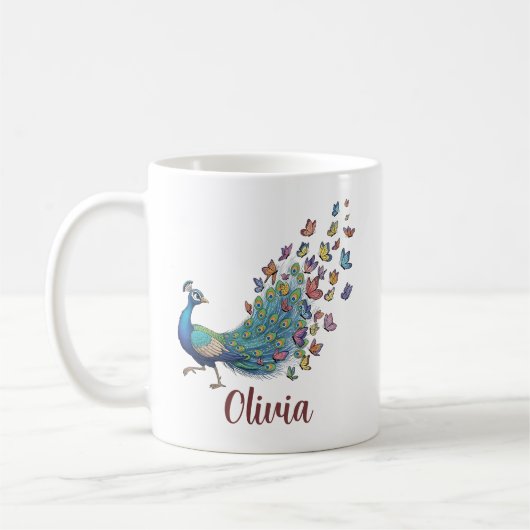 Launenhafter Pfau und Schmetterling Kaffeetasse (Links)