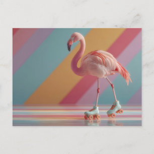 Launenhafter rosa Flamingo auf Rollschuhen Postkarte