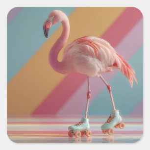 Launenhafter Rosa-Flamingo auf Rollschuhen Quadratischer Aufkleber