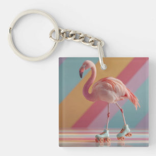 Launenhafter Rosa-Flamingo auf Rollschuhen Schlüsselanhänger