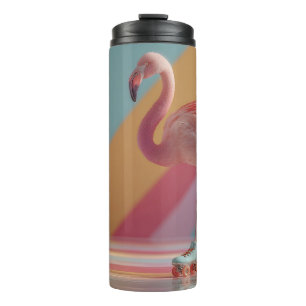 Launenhafter rosa Flamingo auf Rollschuhen Thermosbecher