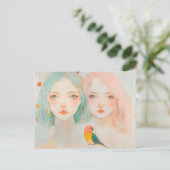 Launenmädchen mit einem süßen Vogel Postkarte (Stehend Vorderseite)