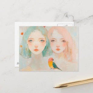 Launenmädchen mit einem süßen Vogel Postkarte