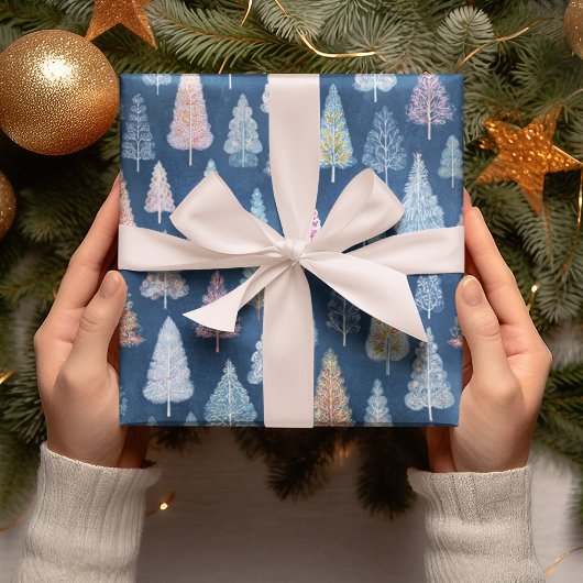 Launige blaue Weihnachtsbäume Geschenkpapier 