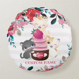 Launige Blumen-Cartoon-Katzen-Erdbeer-Cupcake Rundes Kissen