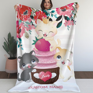 Launige Blumen-Cartoon-Katzen-Erdbeer-Cupcake Sherpadecke