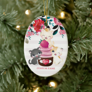 Launige Blumen-Cartoon-Katzen-Erdbeertörtchen Keramik Ornament