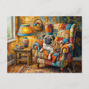 Launige Cottage-Mops-Hund-Sessel-Illustration Feiertagspostkarte