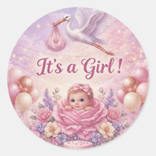 Launige Es ist ein Mädchen Rosa Storch Baby Shower Runder Aufkleber