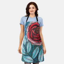 Launige expressionistische rote Rose Teal-Blätter Schürze