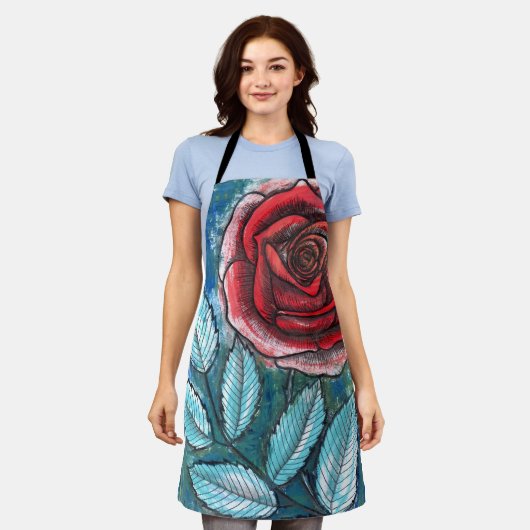 Launige expressionistische rote Rose Teal-Blätter Schürze (Getragen)