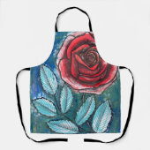 Launige expressionistische rote Rose Teal-Blätter Schürze (Vorderseite)
