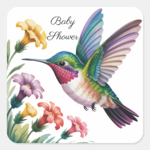 Launige Kolibri-Blumen-Baby-Party Quadratischer Aufkleber