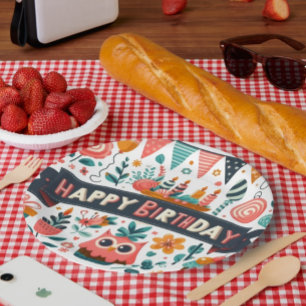 Launige Volks kunst Glücklicher Geburtstag Eule Fl Pappteller