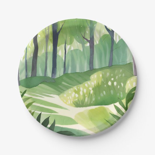 Launige Wälder | Wasserfarbenlandschaft Wald Pappteller (Vorderseite)