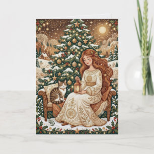 Launige Weihnachtskatze- & Winter-Mädchen-Karte Karte