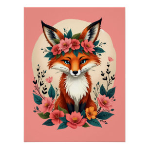 Launiger Boho-Fuchs mit floraler Krone Wald Poster