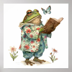 Launiger Frosch beim Lesen eines Buches Klein Poster