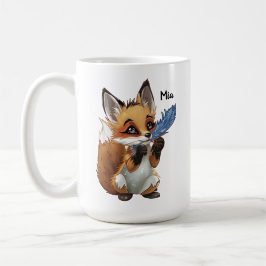 Launiger Fuchs mit einer Feder Kaffeetasse (Links)