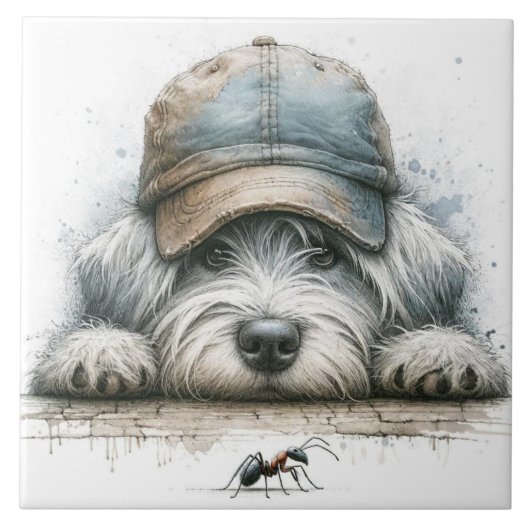Launiger Hund, der eine Spinne ansieht Fliese (Vorderseite)