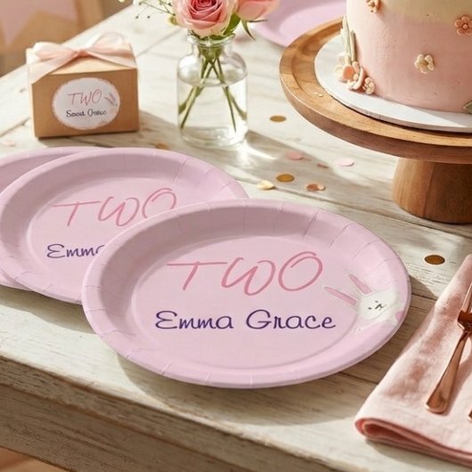 Launiger moderner rosa Hase 2. Geburtstag Pappteller