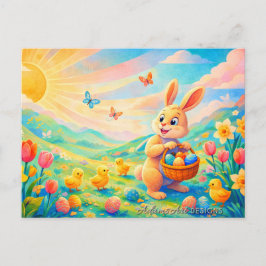 Launiger Osterhase und Küken im Frühlingsglanz Feiertagspostkarte