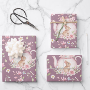 Launiger Teekannen-Hasen Frühling Floralmuster Geschenkpapier Set