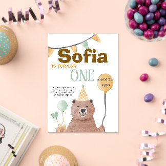 Launiger Wasserfarben-Bär 1. Geburtstag Acryleinladungen