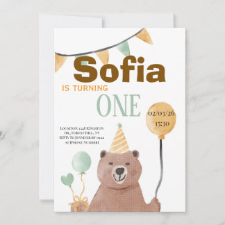 Launiger Wasserfarben-Bär 1. Geburtstag Einladung