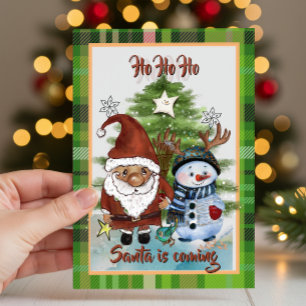 Launiger Weihnachtsmann, Hirsch & Elf im Karomuste Feiertagskarte