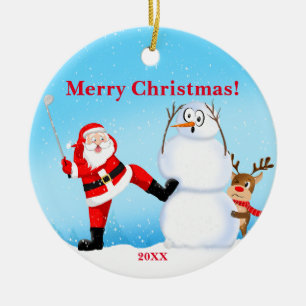 Launiger Weihnachtsmann spielt Golf, Schneemann un Keramik Ornament