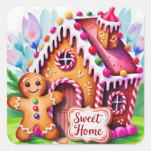Launiges Gingerbread-Haus "Süßes Zuhause" Quadratischer Aufkleber