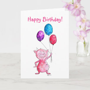 Launiges rosa Schwein mit Ballons Karte